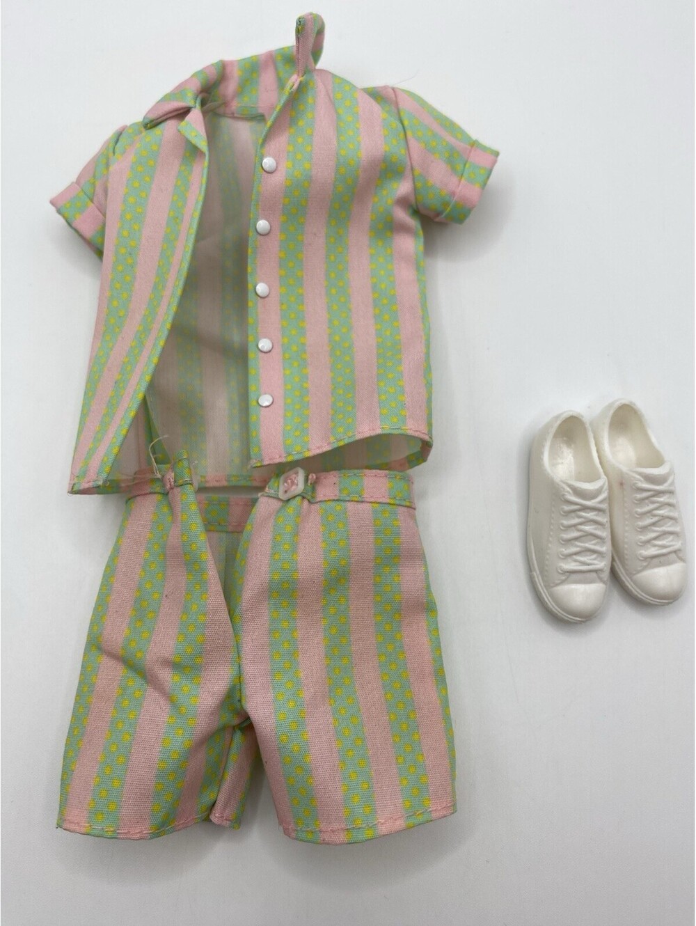 Barbie Movie Ken Outfit- Pastel Striped Shirt Shorts White Shoes B2